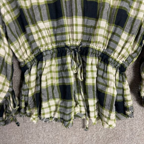 Free People Pacific Dawn Shirt Women's Size XS Black Combo‎ Plaid Ruched-Sleeve - Picture 12 of 13